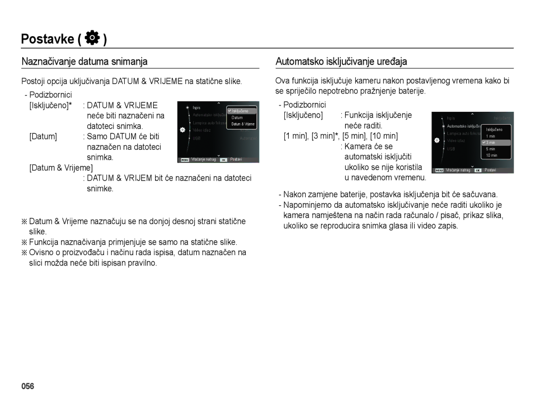 Samsung EC-ES75ZZBPSE3 manual Naznačivanje datuma snimanja, Automatsko isključivanje uređaja 