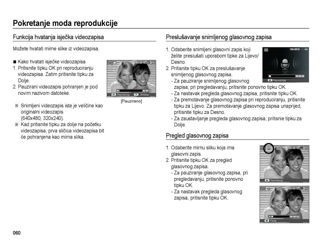 Samsung EC-ES75ZZBPSE3 manual Funkcija hvatanja isječka videozapisa, Preslušavanje snimljenog glasovnog zapisa 