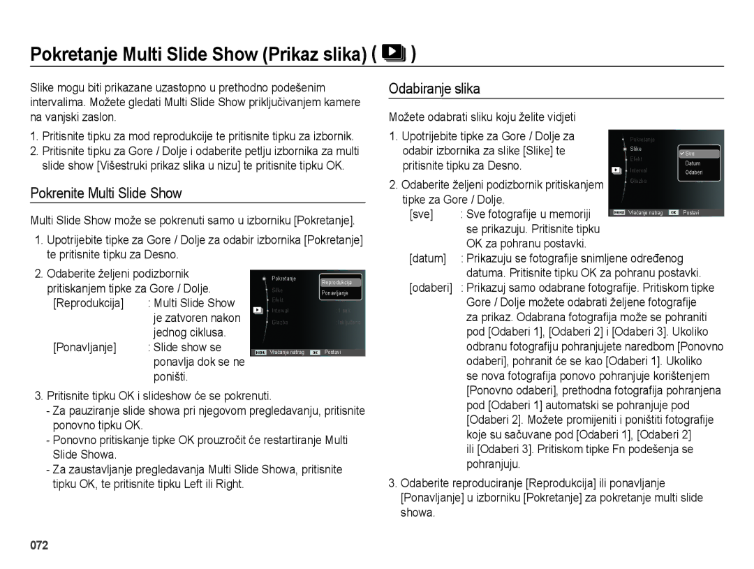 Samsung EC-ES75ZZBPSE3 manual Pokretanje Multi Slide Show Prikaz slika, Pokrenite Multi Slide Show, Odabiranje slika 