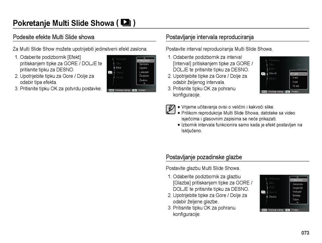 Samsung EC-ES75ZZBPSE3 Pokretanje Multi Slide Showa, Podesite efekte Multi Slide showa, Postavljanje pozadinske glazbe 