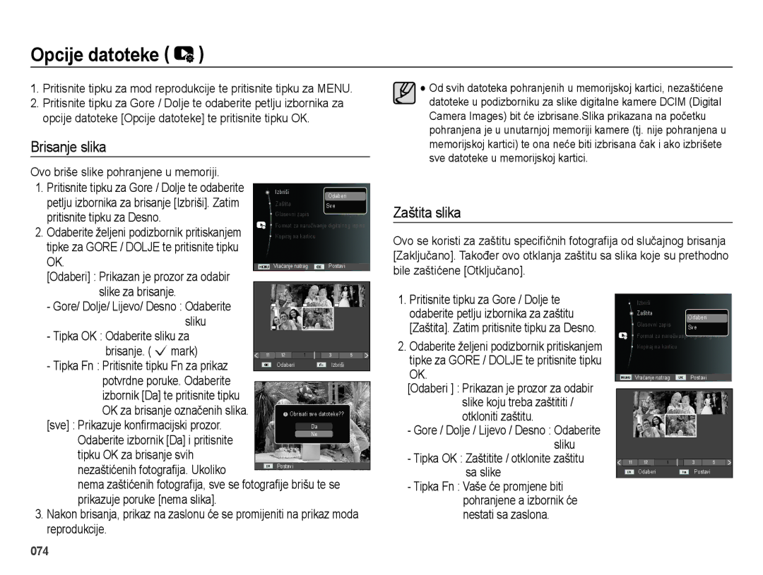 Samsung EC-ES75ZZBPSE3 manual Opcije datoteke, Brisanje slika, Zaštita slika 