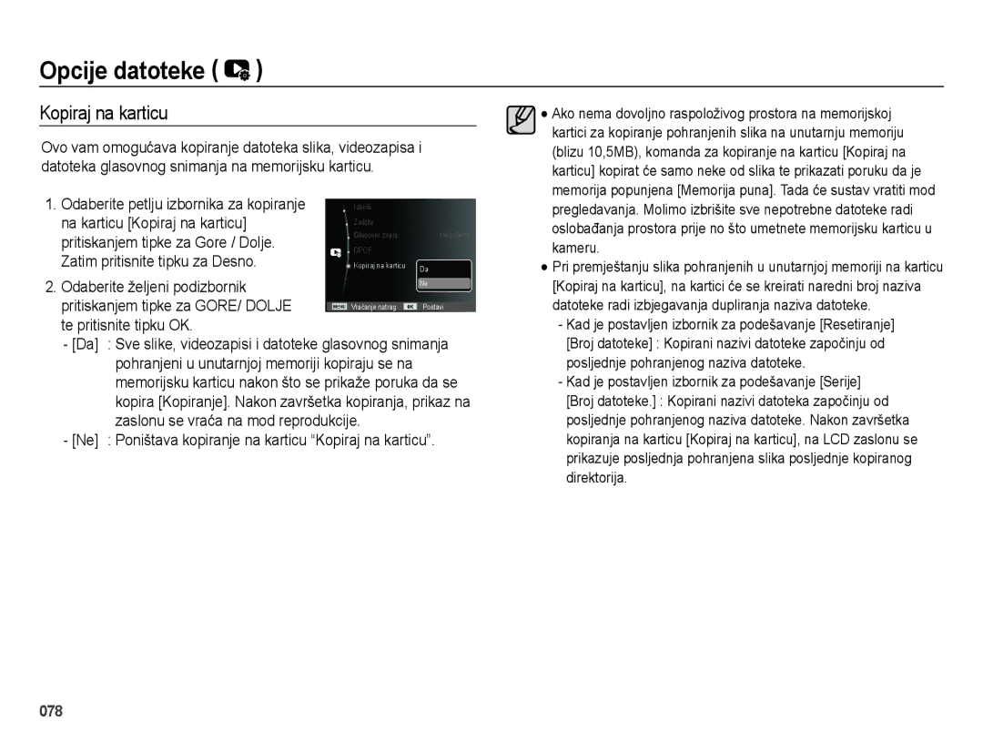 Samsung EC-ES75ZZBPSE3 manual Na karticu Kopiraj na karticu, Pritiskanjem tipke za Gore / Dolje 