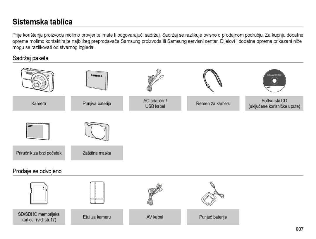 Samsung EC-ES75ZZBPSE3 manual Sistemska tablica, Sadržaj paketa, Prodaje se odvojeno 