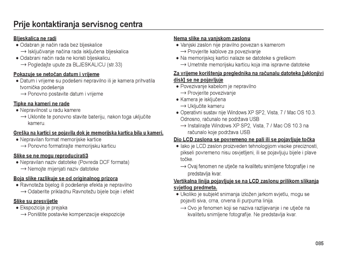 Samsung EC-ES75ZZBPSE3 manual Bljeskalica ne radi, Pokazuje se netočan datum i vrijeme, Tipke na kameri ne rade 