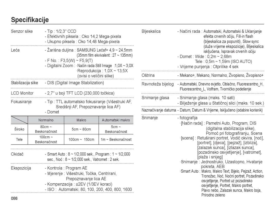 Samsung EC-ES75ZZBPSE3 manual Specifikacije 