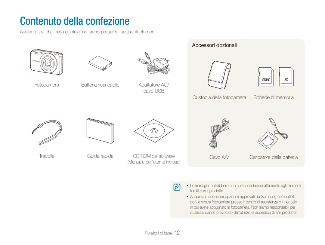 Samsung EC-ES80ZZBPPE1 manual Contenuto della confezione, Accessori opzionali, Fotocamera Batteria ricaricabile, Cavo A/V 