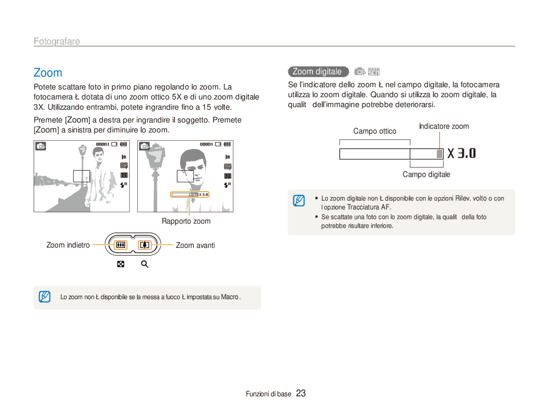 Samsung EC-ES80ZZBPBE1, EC-ES80ZZBPPE1, EC-ES80ZZBPSE1 manual Fotografare, Zoom digitale, Campo digitale 