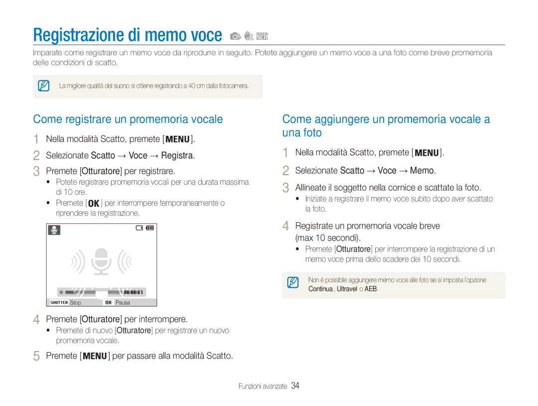 Samsung EC-ES80ZZBPSE1, EC-ES80ZZBPBE1, EC-ES80ZZBPPE1 Registrazione di memo voce, Come registrare un promemoria vocale 