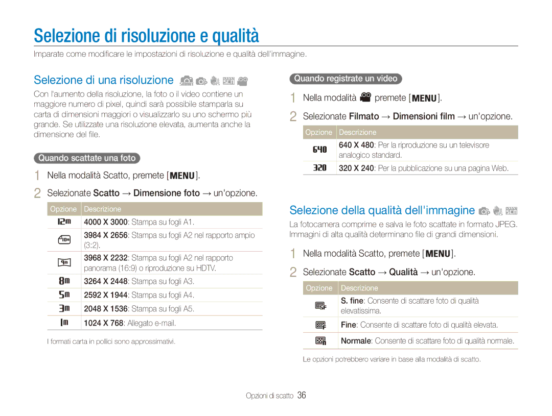 Samsung EC-ES80ZZBPPE1 manual Selezione di risoluzione e qualità, Selezione di una risoluzione, Nella modalità Premete 