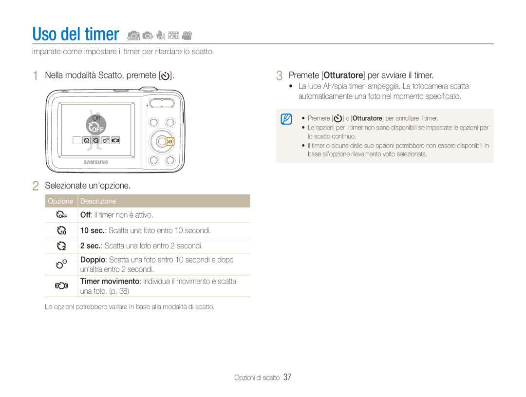 Samsung EC-ES80ZZBPSE1, EC-ES80ZZBPBE1, EC-ES80ZZBPPE1 manual Uso del timer, Premete Otturatore per avviare il timer 