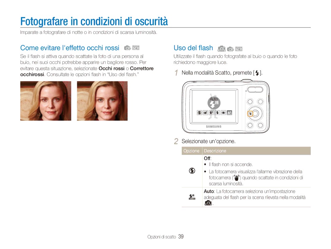 Samsung EC-ES80ZZBPPE1 manual Fotografare in condizioni di oscurità, Come evitare leffetto occhi rossi, Uso del flash 