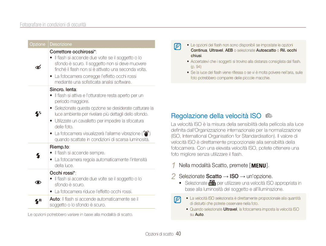 Samsung EC-ES80ZZBPSE1 manual Regolazione della velocità ISO, Fotografare in condizioni di oscurità, Correttore occhirossi 