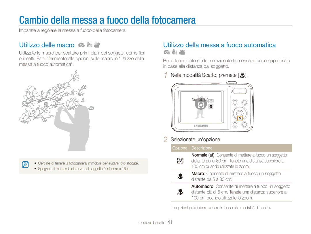 Samsung EC-ES80ZZBPBE1, EC-ES80ZZBPPE1, EC-ES80ZZBPSE1 Cambio della messa a fuoco della fotocamera, Utilizzo delle macro 