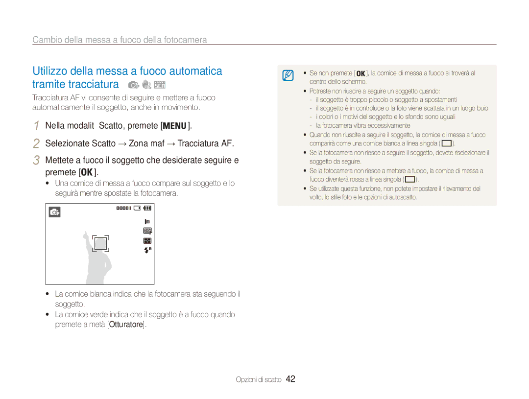 Samsung EC-ES80ZZBPPE1, EC-ES80ZZBPBE1, EC-ES80ZZBPSE1 manual Utilizzo della messa a fuoco automatica tramite tracciatura 