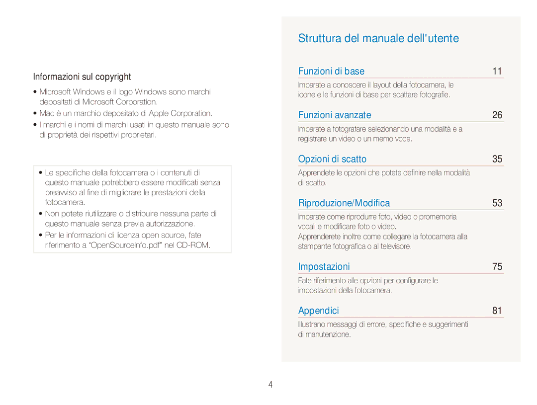 Samsung EC-ES80ZZBPSE1, EC-ES80ZZBPBE1, EC-ES80ZZBPPE1 Struttura del manuale dellutente, Informazioni sul copyright 