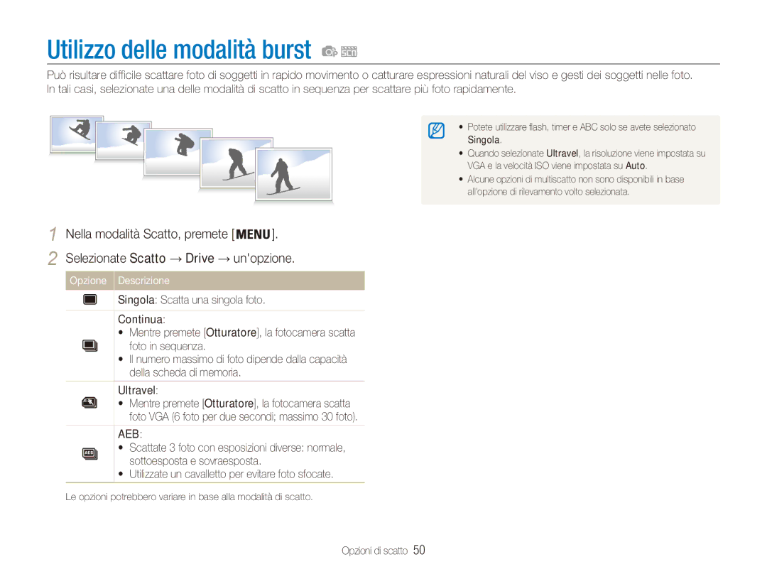 Samsung EC-ES80ZZBPBE1, EC-ES80ZZBPPE1 manual Utilizzo delle modalità burst, Selezionate Scatto → Drive → unopzione 