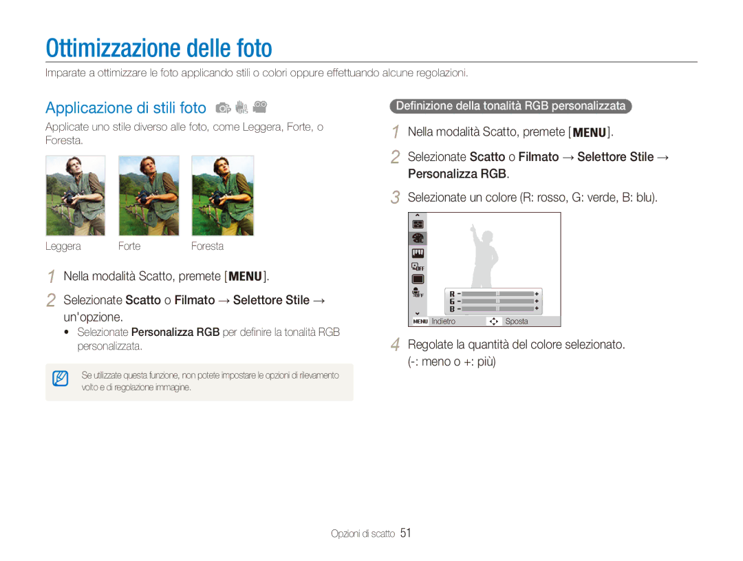 Samsung EC-ES80ZZBPPE1, EC-ES80ZZBPBE1, EC-ES80ZZBPSE1 manual Ottimizzazione delle foto, Applicazione di stili foto 