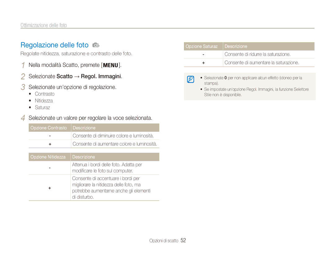 Samsung EC-ES80ZZBPSE1, EC-ES80ZZBPBE1, EC-ES80ZZBPPE1 manual Regolazione delle foto, Ottimizzazione delle foto 