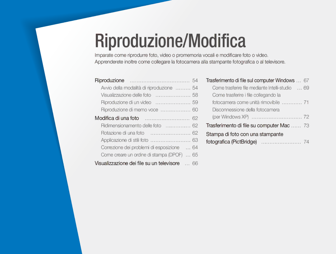 Samsung EC-ES80ZZBPBE1, EC-ES80ZZBPPE1, EC-ES80ZZBPSE1 manual Riproduzione/Modifica 