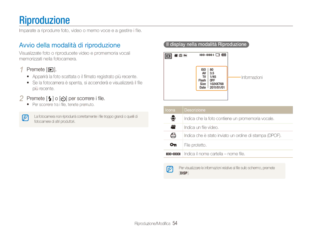 Samsung EC-ES80ZZBPPE1, EC-ES80ZZBPBE1 Riproduzione, Avvio della modalità di riproduzione, Premete o per scorrere i file 