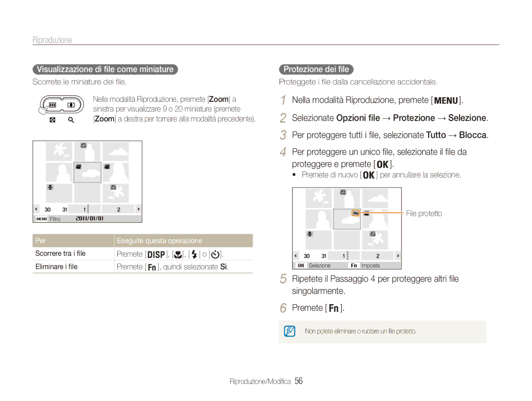 Samsung EC-ES80ZZBPBE1 manual Visualizzazione di file come miniature, Protezione dei file, Scorrete le miniature dei file 