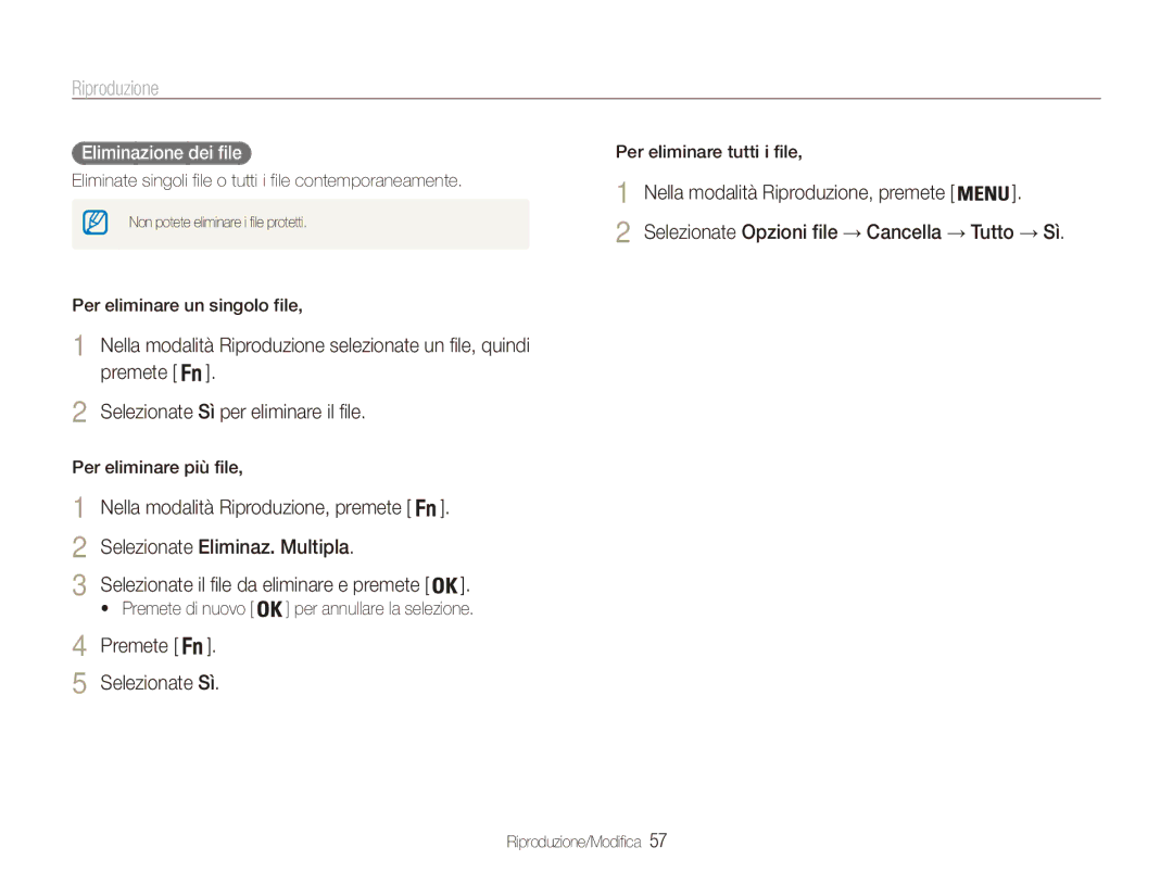 Samsung EC-ES80ZZBPPE1, EC-ES80ZZBPBE1 manual Selezionate Eliminaz. Multipla, Premete Selezionate Sì, Eliminazione dei file 