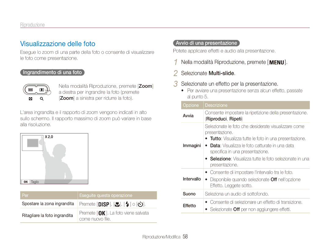 Samsung EC-ES80ZZBPSE1, EC-ES80ZZBPBE1 Visualizzazione delle foto, Ingrandimento di una foto, Avvio di una presentazione 