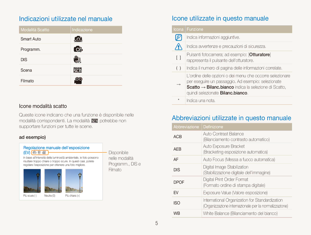 Samsung EC-ES80ZZBPBE1 Indicazioni utilizzate nel manuale, Icone utilizzate in questo manuale, Icone modalità scatto 