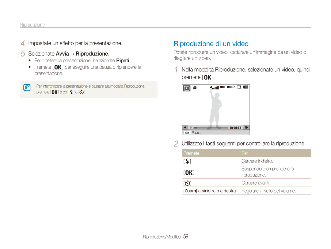 Samsung EC-ES80ZZBPBE1 Riproduzione di un video, Utilizzate i tasti seguenti per controllare la riproduzione, Premete Per 