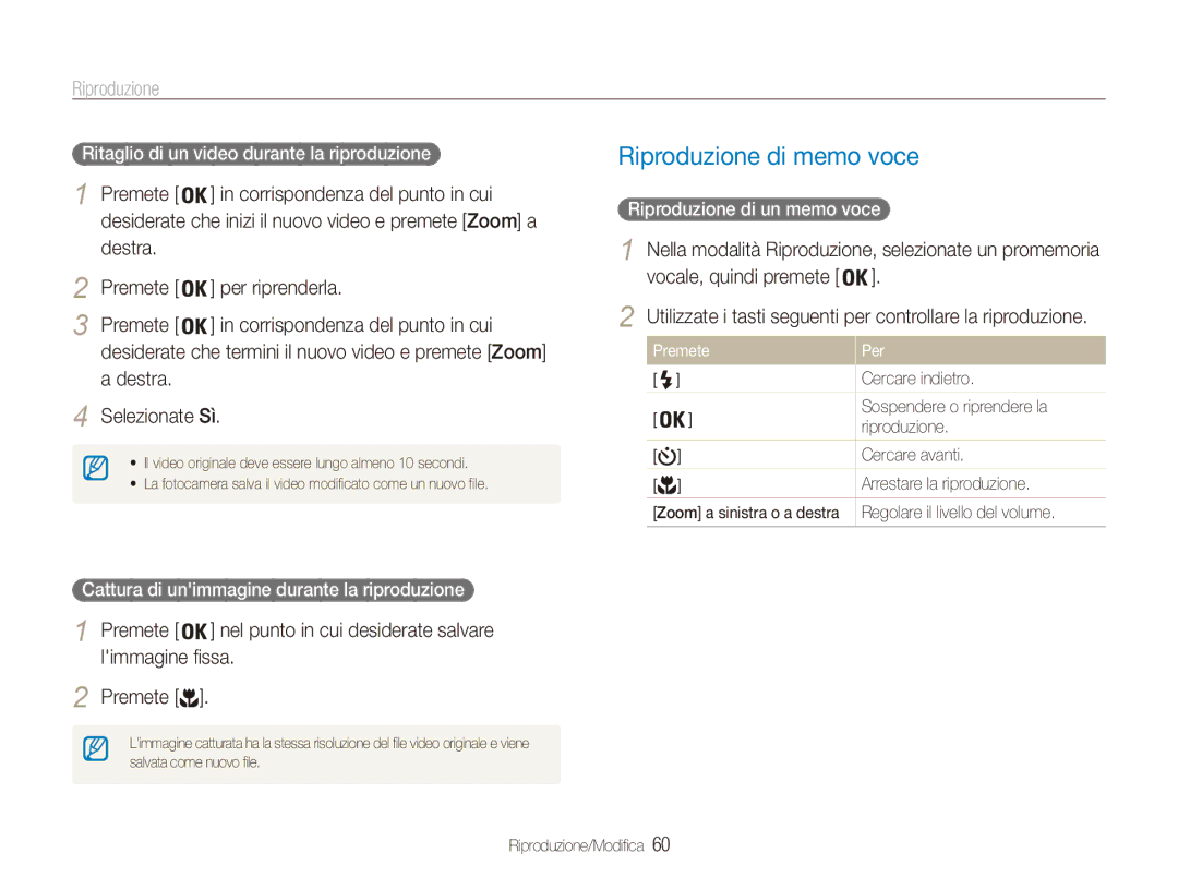 Samsung EC-ES80ZZBPPE1 Riproduzione di memo voce, Premete Per riprenderla Corrispondenza del punto in cui, Limmagine fissa 