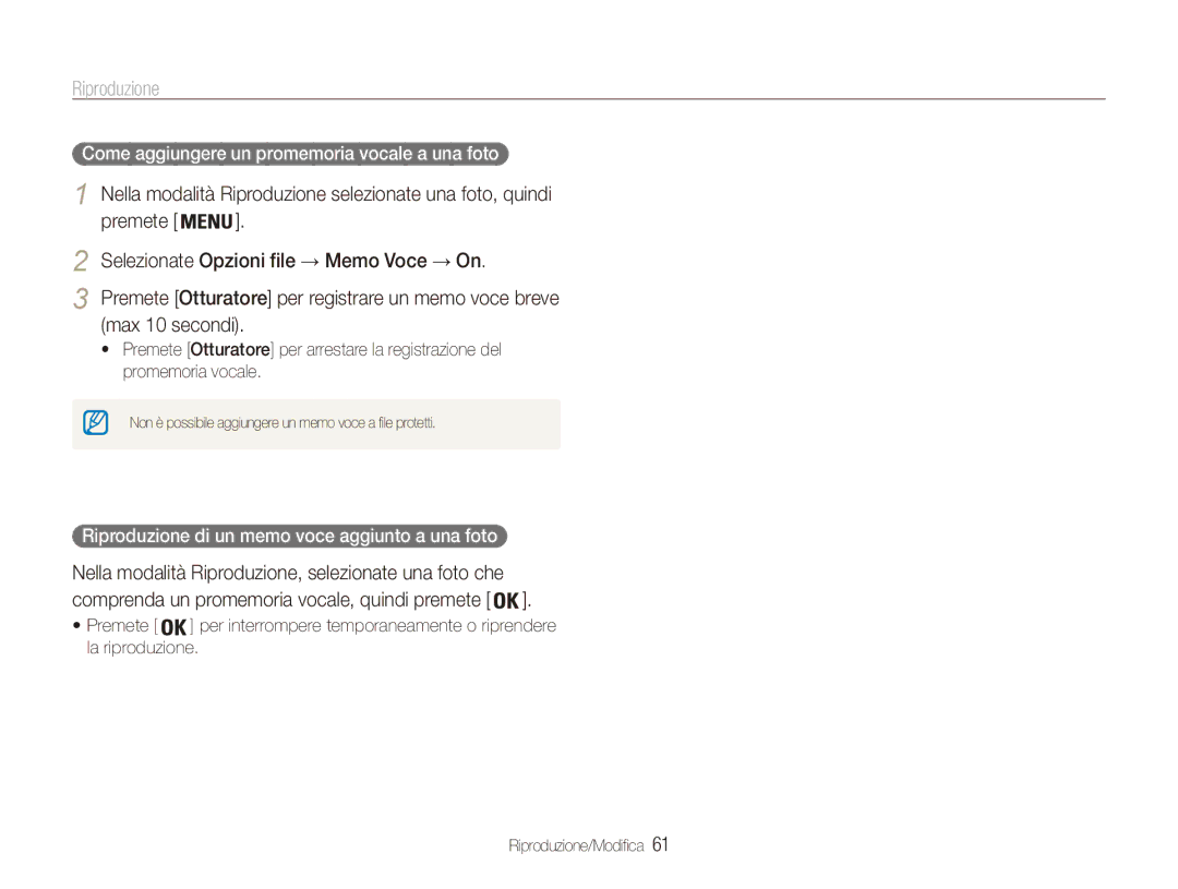 Samsung EC-ES80ZZBPSE1, EC-ES80ZZBPBE1, EC-ES80ZZBPPE1 Premete Selezionate Opzioni file → Memo Voce → On, Max 10 secondi 