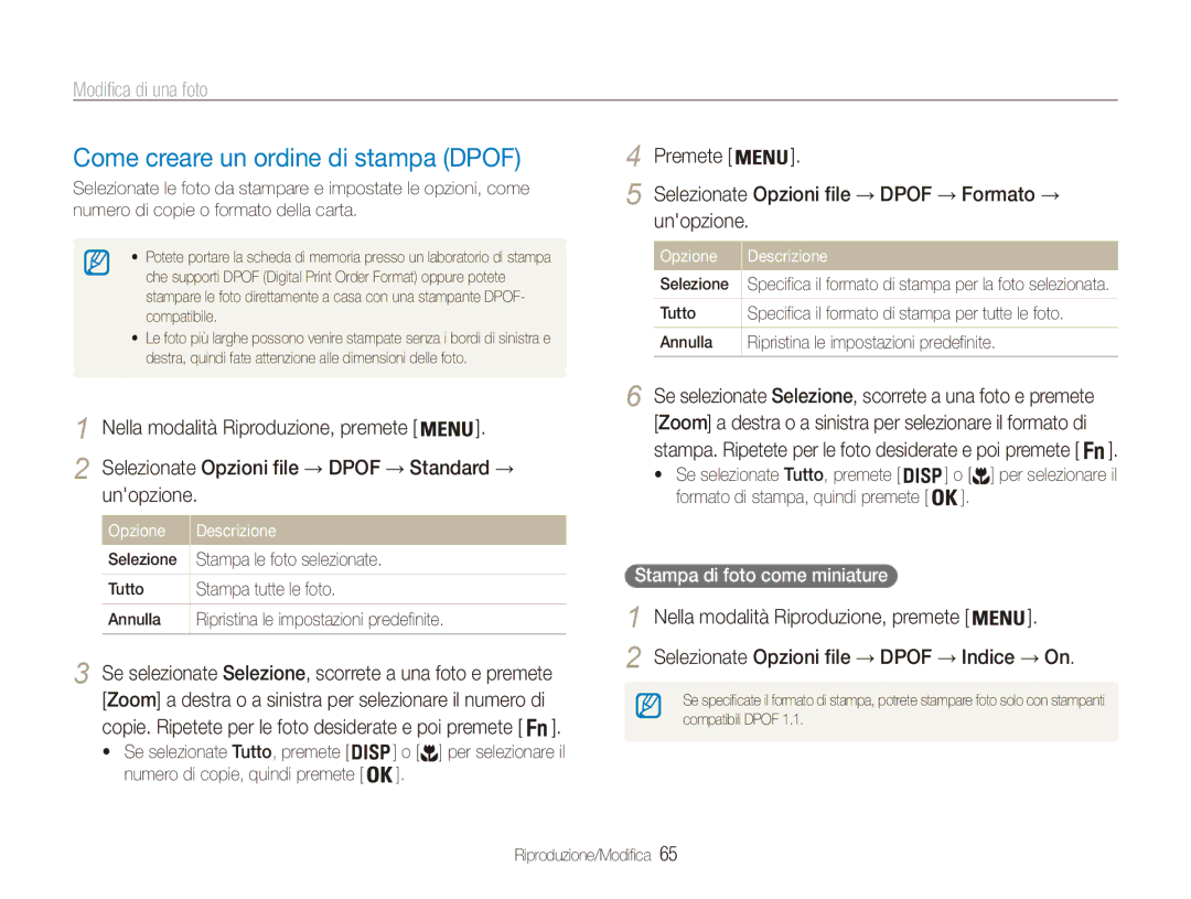 Samsung EC-ES80ZZBPBE1, EC-ES80ZZBPPE1, EC-ES80ZZBPSE1 Come creare un ordine di stampa Dpof, Stampa di foto come miniature 