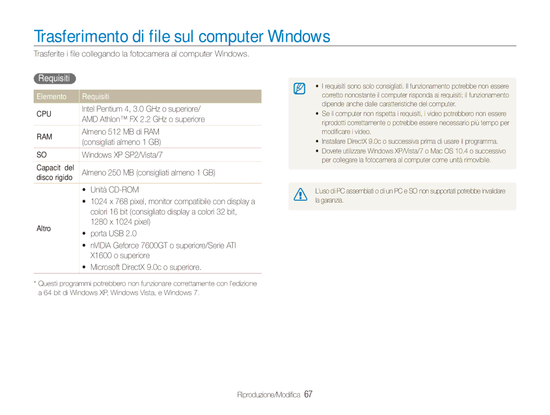 Samsung EC-ES80ZZBPSE1, EC-ES80ZZBPBE1, EC-ES80ZZBPPE1 Trasferimento di file sul computer Windows, Elemento Requisiti 