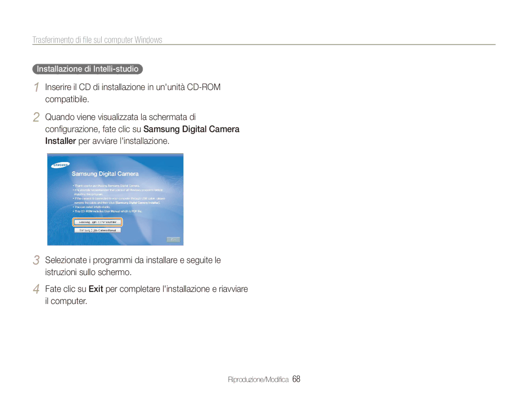 Samsung EC-ES80ZZBPBE1, EC-ES80ZZBPPE1 manual Trasferimento di file sul computer Windows, Installazione di Intelli-studio 