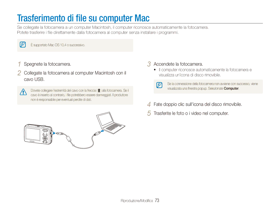 Samsung EC-ES80ZZBPSE1, EC-ES80ZZBPBE1, EC-ES80ZZBPPE1 manual Trasferimento di file su computer Mac, Cavo USB 