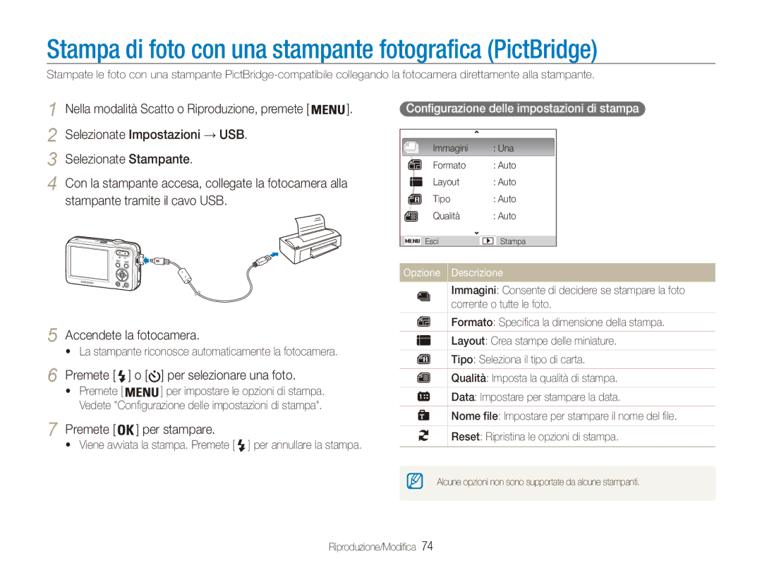 Samsung EC-ES80ZZBPBE1 manual Stampa di foto con una stampante fotografica PictBridge, Premete Per selezionare una foto 