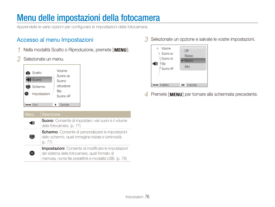 Samsung EC-ES80ZZBPSE1 manual Menu delle impostazioni della fotocamera, Accesso al menu Impostazioni, Selezionate un menu 