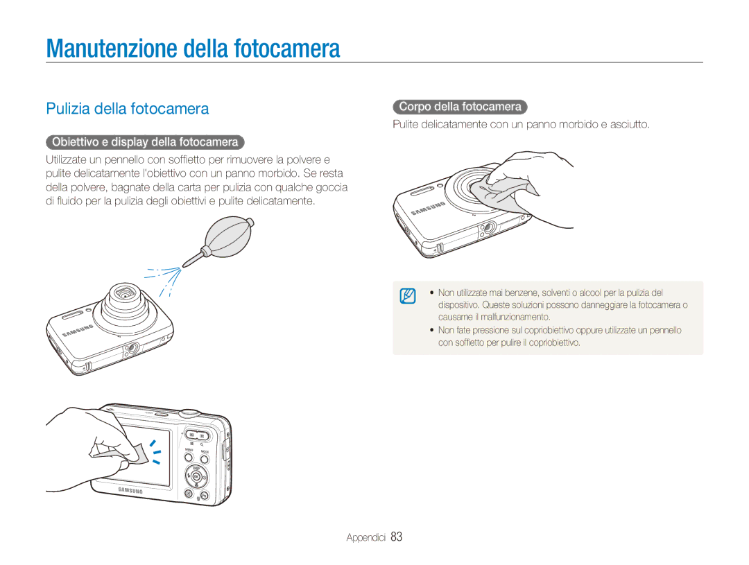 Samsung EC-ES80ZZBPBE1 manual Manutenzione della fotocamera, Pulizia della fotocamera, Obiettivo e display della fotocamera 