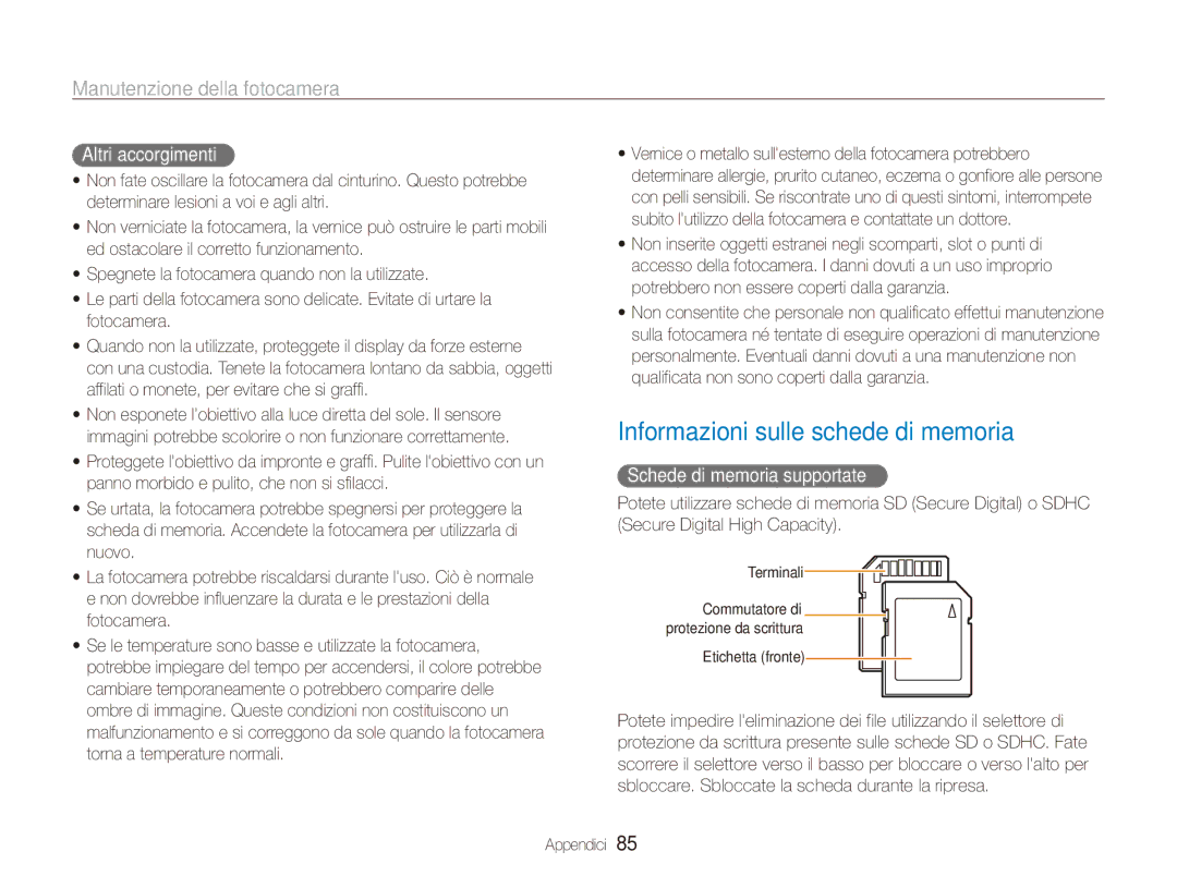 Samsung EC-ES80ZZBPSE1 manual Informazioni sulle schede di memoria, Altri accorgimenti, Schede di memoria supportate 