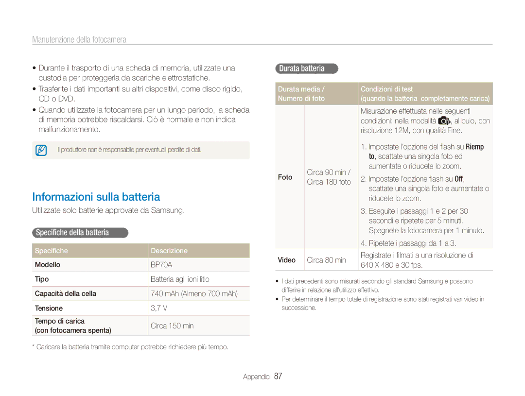 Samsung EC-ES80ZZBPPE1 Informazioni sulla batteria, Specifiche della batteria, Durata batteria, Specifiche Descrizione 