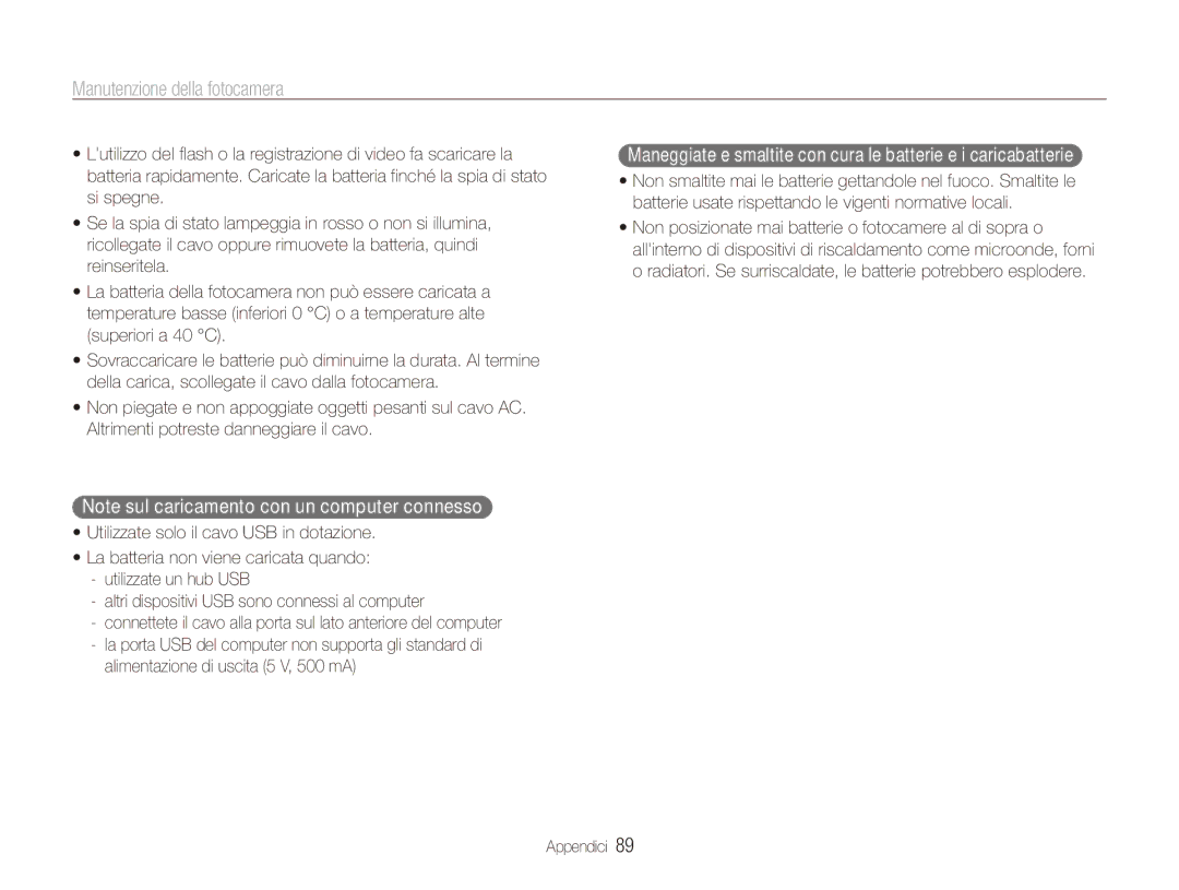 Samsung EC-ES80ZZBPBE1, EC-ES80ZZBPPE1, EC-ES80ZZBPSE1 manual Alimentazione di uscita 5 V, 500 mA 