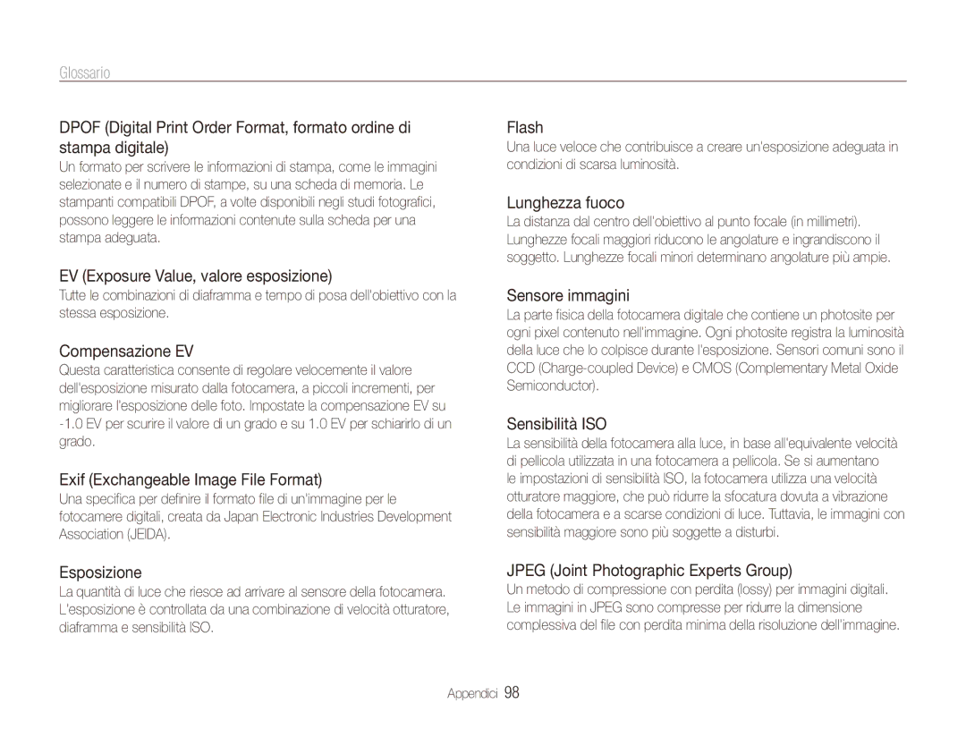 Samsung EC-ES80ZZBPBE1, EC-ES80ZZBPPE1, EC-ES80ZZBPSE1 manual Glossario 