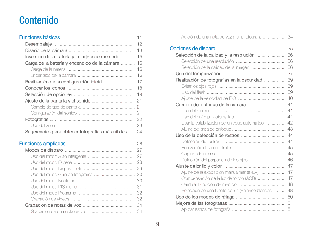 Samsung EC-ES80ZZBPPE1, EC-ES80ZZBPBE1, EC-ES80ZZBPRE1, EC-ES80ZZBPSE1 manual Contenido 