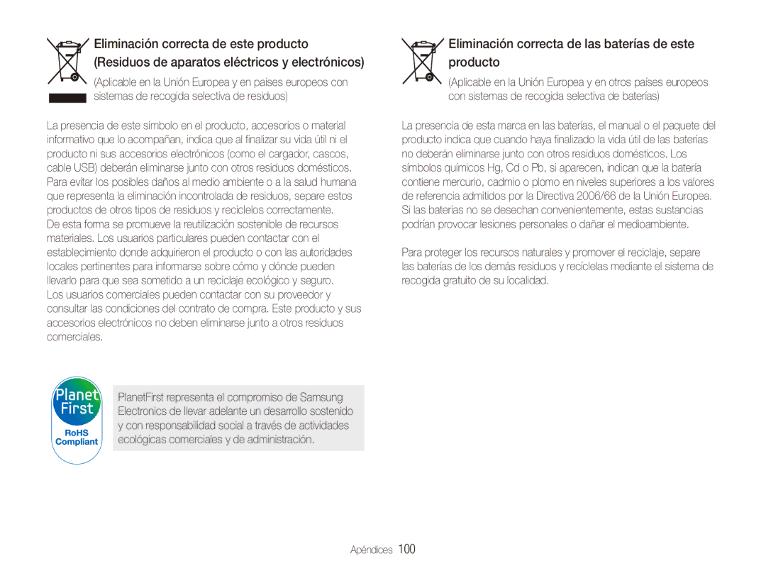 Samsung EC-ES80ZZBPRE1, EC-ES80ZZBPBE1, EC-ES80ZZBPPE1, EC-ES80ZZBPSE1 Eliminación correcta de las baterías de este producto 