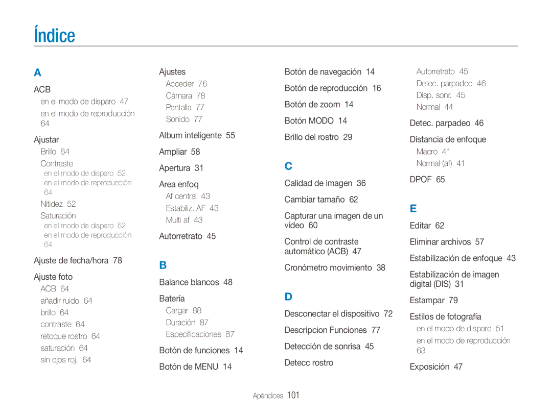 Samsung EC-ES80ZZBPPE1, EC-ES80ZZBPBE1, EC-ES80ZZBPRE1, EC-ES80ZZBPSE1 manual Índice 