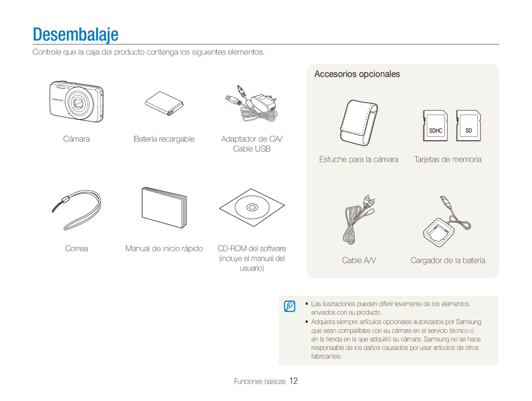 Samsung EC-ES80ZZBPRE1, EC-ES80ZZBPBE1, EC-ES80ZZBPPE1, EC-ES80ZZBPSE1 manual Desembalaje, Accesorios opcionales 