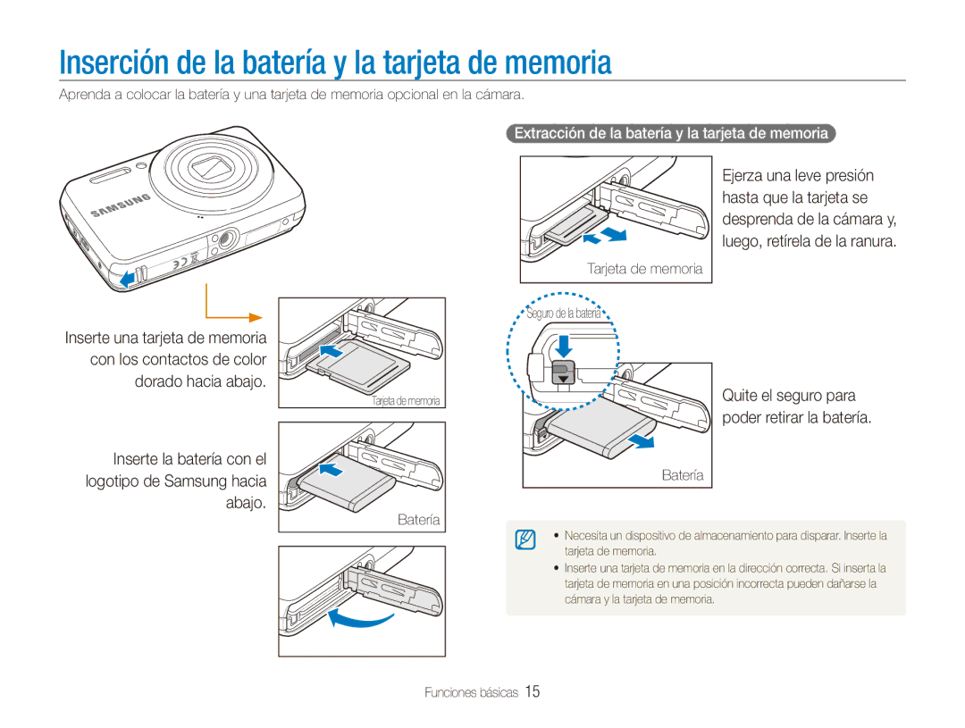 Samsung EC-ES80ZZBPBE1 Inserción de la batería y la tarjeta de memoria, Extracción de la batería y la tarjeta de memoria 