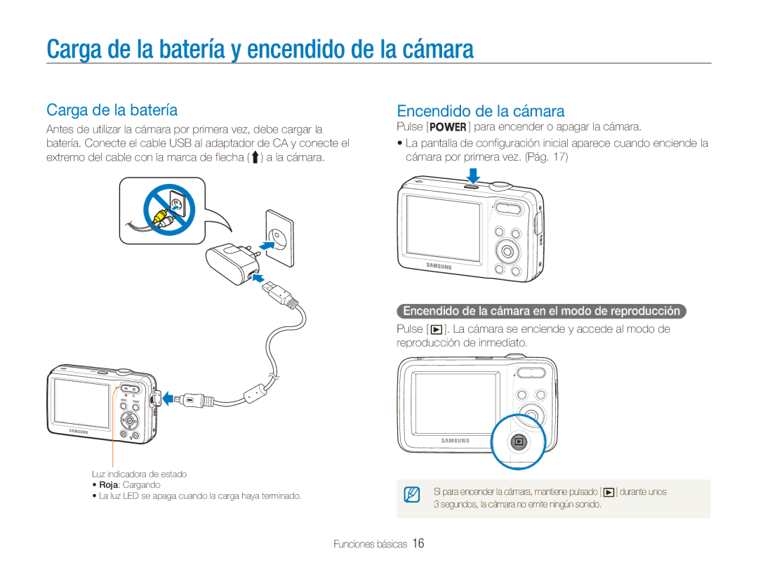 Samsung EC-ES80ZZBPRE1, EC-ES80ZZBPBE1 manual Carga de la batería y encendido de la cámara, Encendido de la cámara, Pulse 