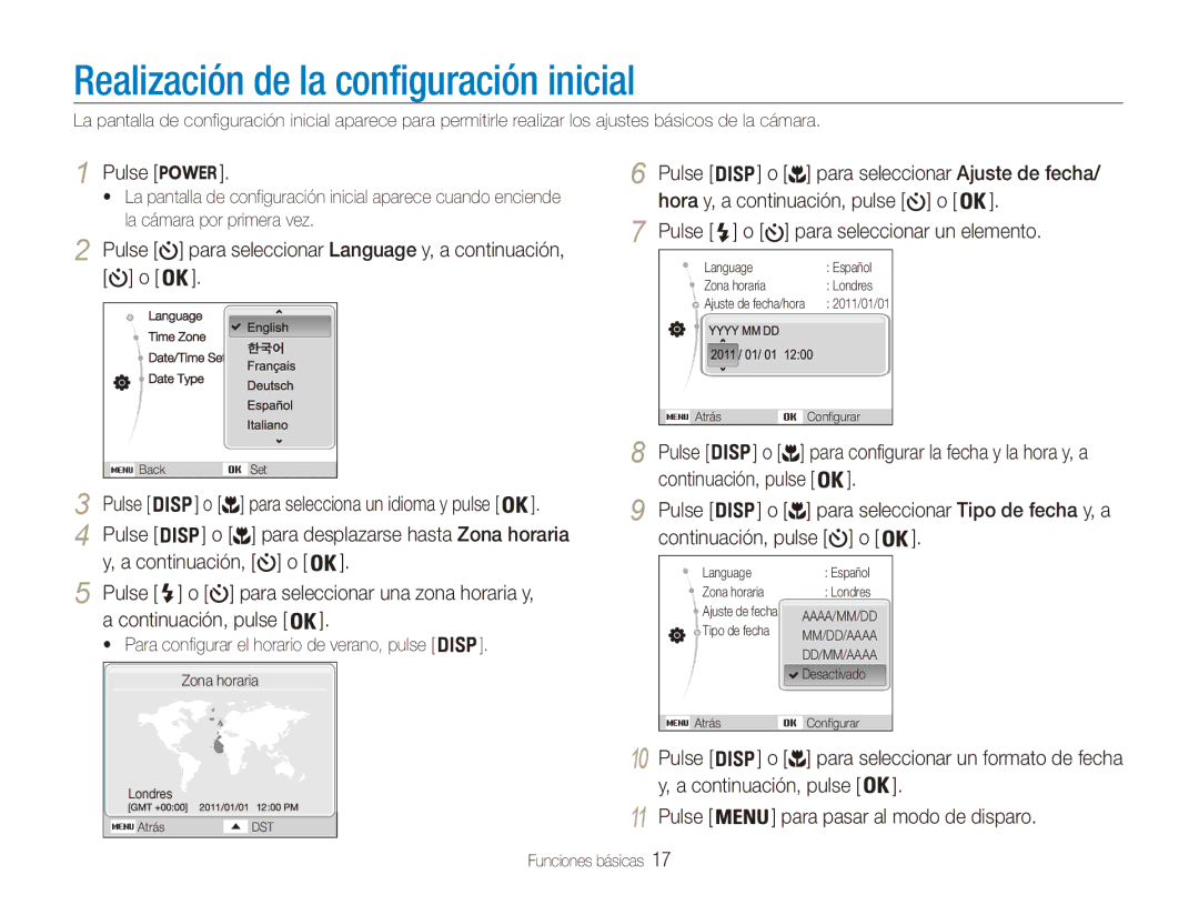 Samsung EC-ES80ZZBPPE1, EC-ES80ZZBPBE1, EC-ES80ZZBPRE1, EC-ES80ZZBPSE1 manual Realización de la configuración inicial 