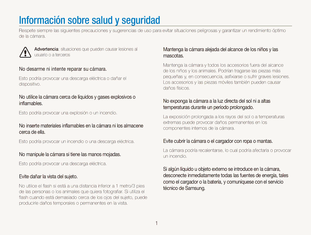 Samsung EC-ES80ZZBPPE1, EC-ES80ZZBPBE1 manual Información sobre salud y seguridad, No desarme ni intente reparar su cámara 